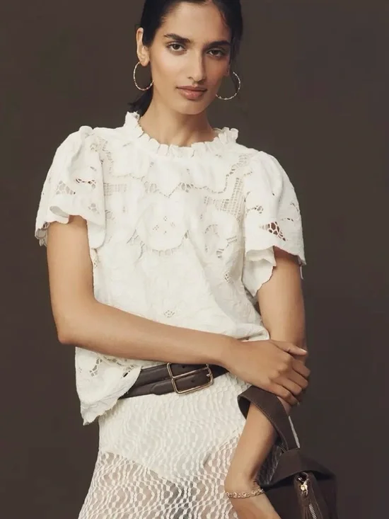 NWT Anthropologie Lainie High-Neck Lace Cutwork Blouse - Picture 2 of 5